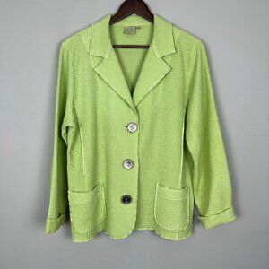 Focus Blazer Jacket Womens Medium Lime Green Buttons Waffle Knit Artsy Lagenlook